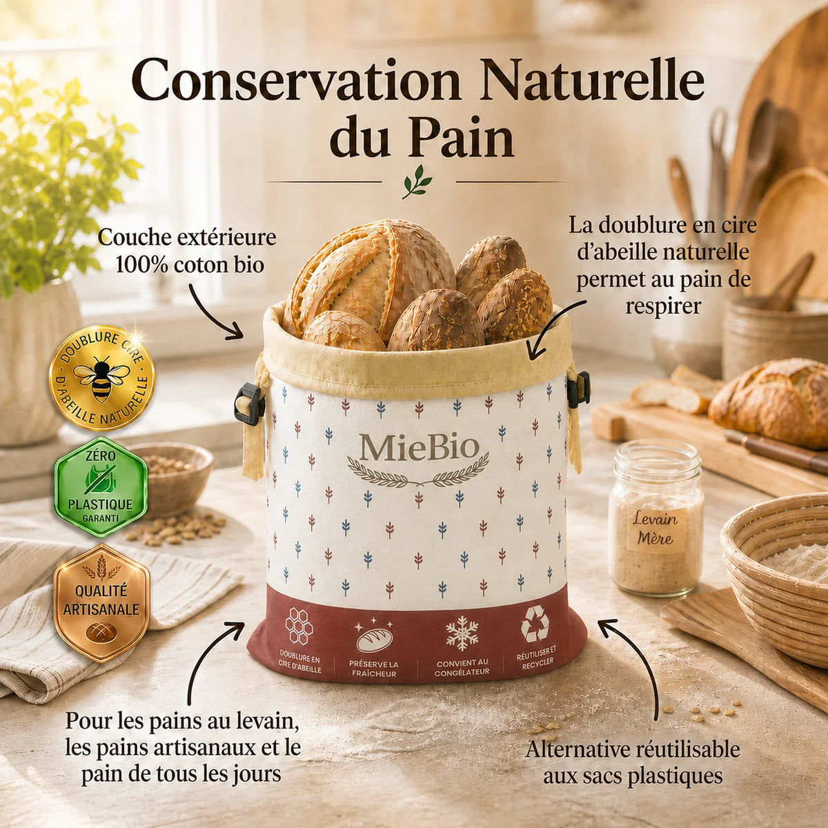 Sac à pain en cire d'abeille et 100% coton — Premium