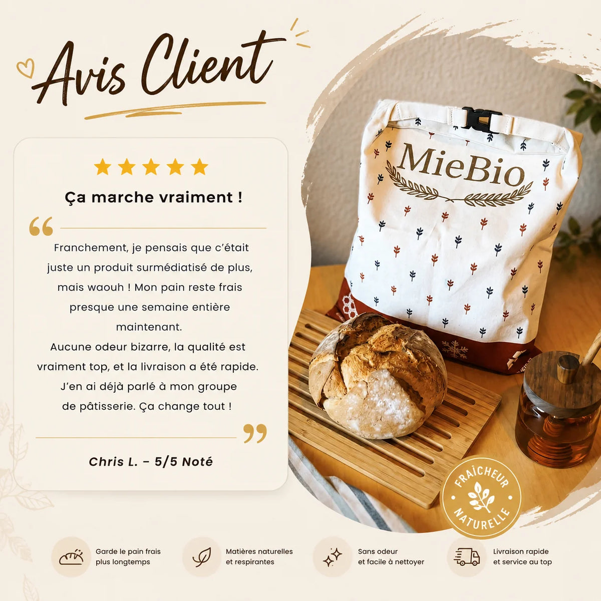 Sac à pain en cire d'abeille et 100% coton — Premium