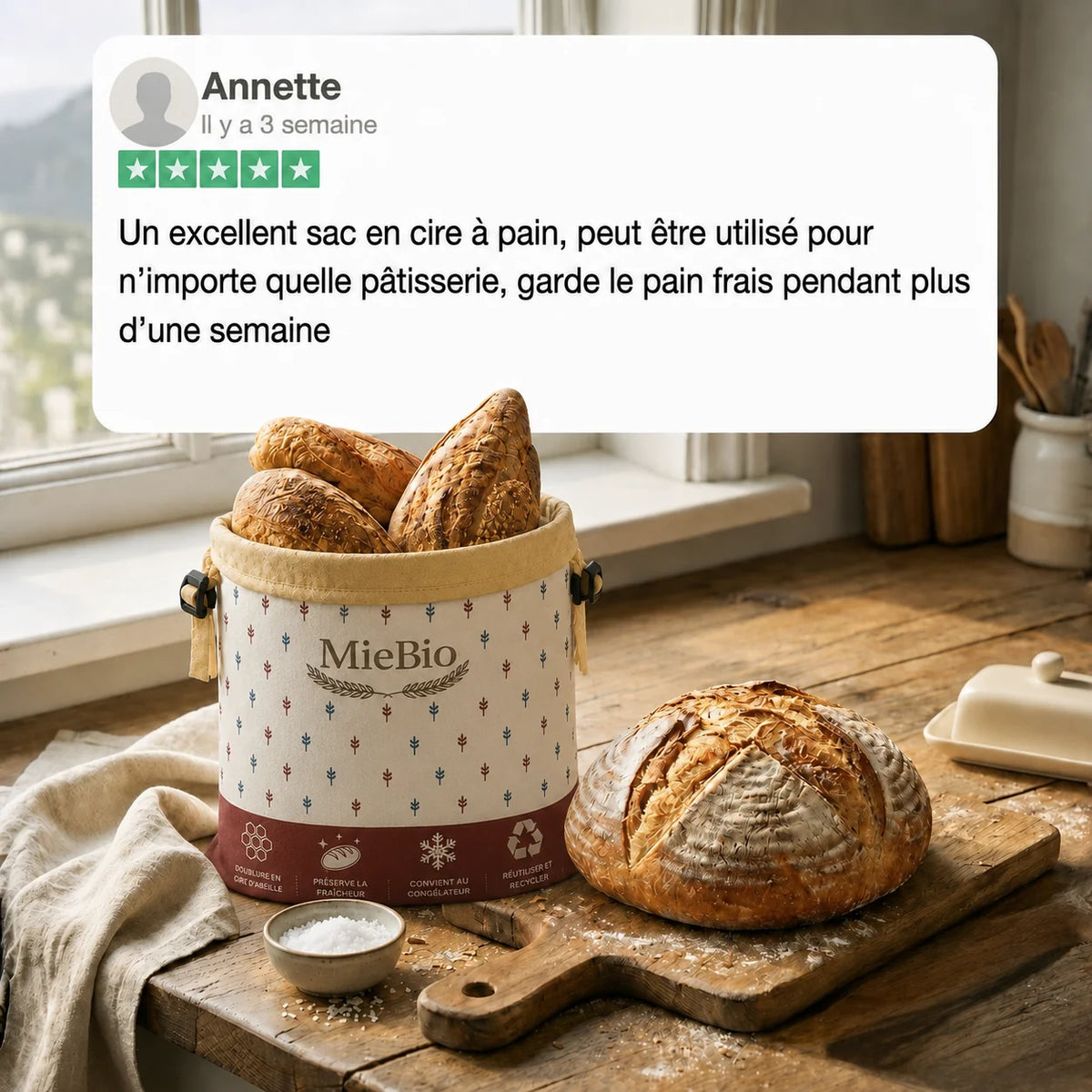 Sac à pain en cire d'abeille et 100% coton — Premium